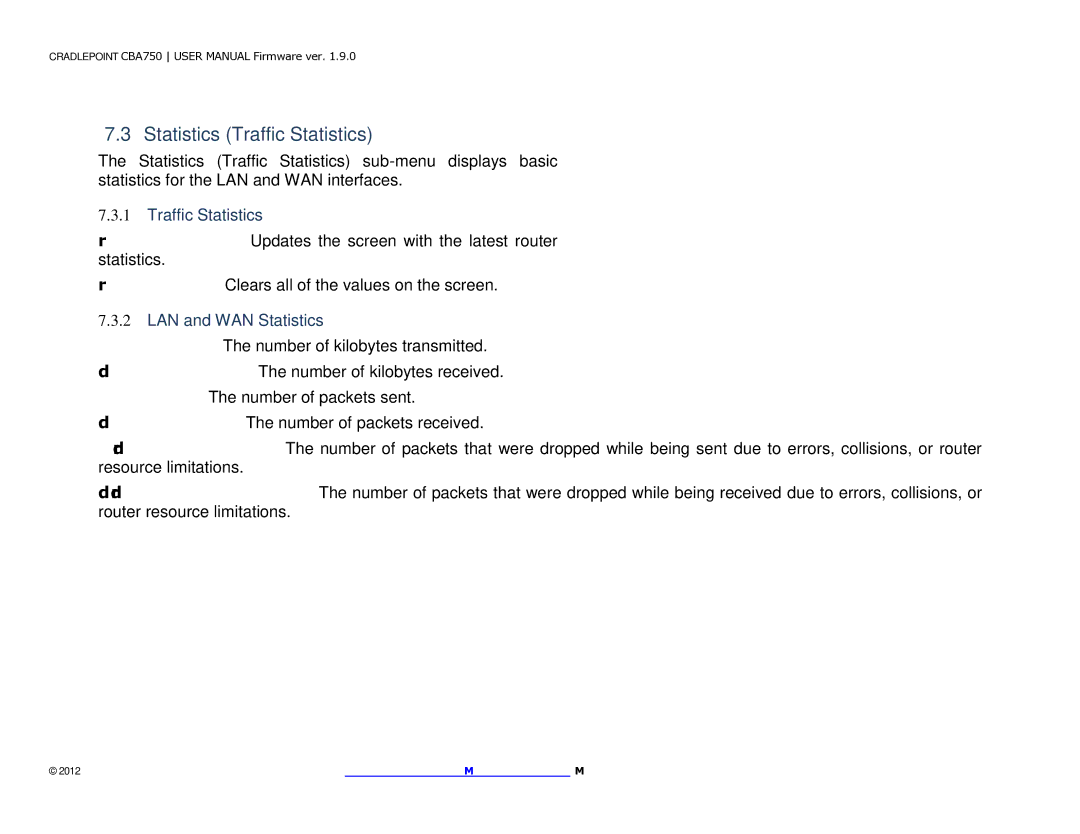 Cradlepoint CBA750 manual Statistics Traffic Statistics, LAN and WAN Statistics 