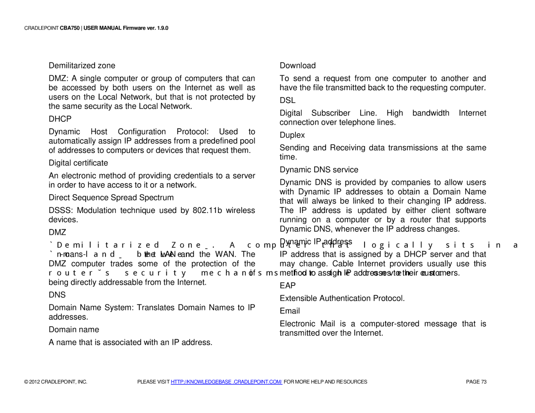 Cradlepoint CBA750 manual Dhcp, Dmz, Dns, Dsl, Eap 