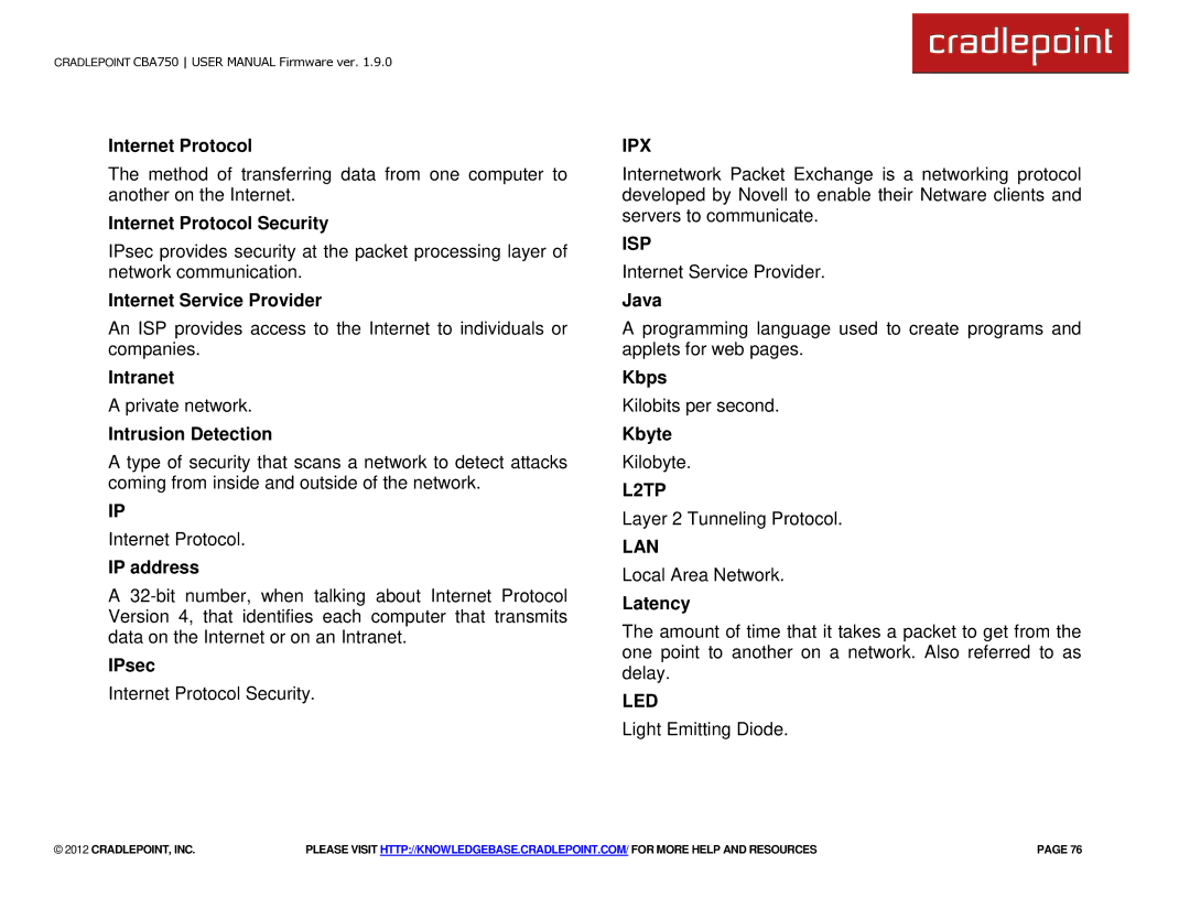 Cradlepoint CBA750 manual Ipx, Isp, L2TP, Lan, Led 