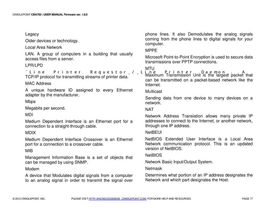 Cradlepoint CBA750 manual Lpr/Lpd, Mdix, Mib, Mppe, Mtu, Nat 