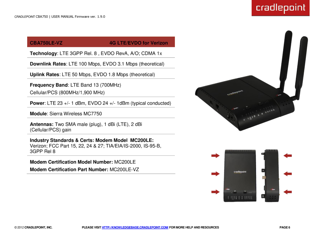 Cradlepoint manual CBA750LE-VZ, 4G LTE/EVDO for Verizon 