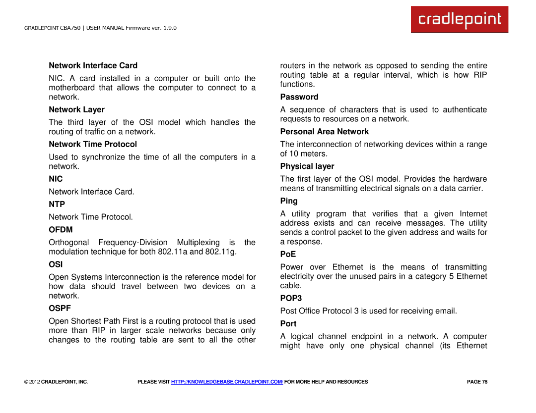 Cradlepoint CBA750 manual Nic, Ntp, Ofdm, Osi, Ospf, POP3 