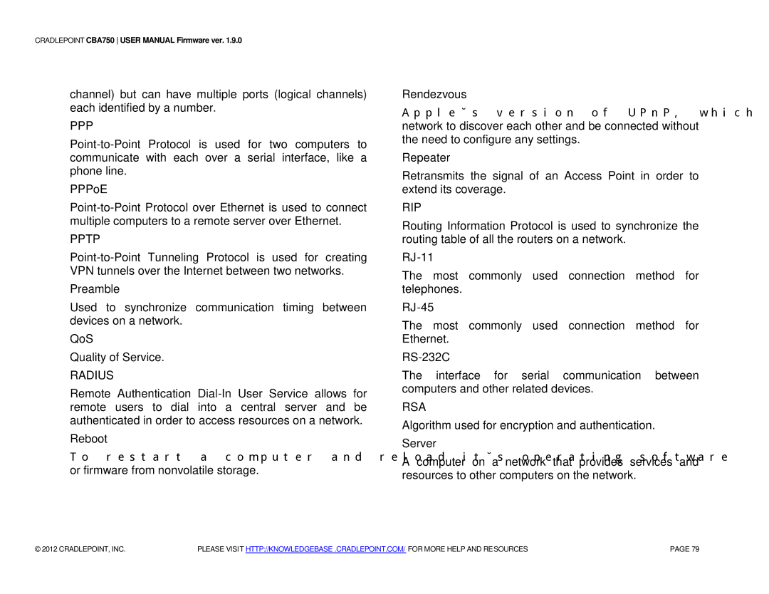 Cradlepoint CBA750 manual Ppp, Pptp, Radius, Rip, Rsa 