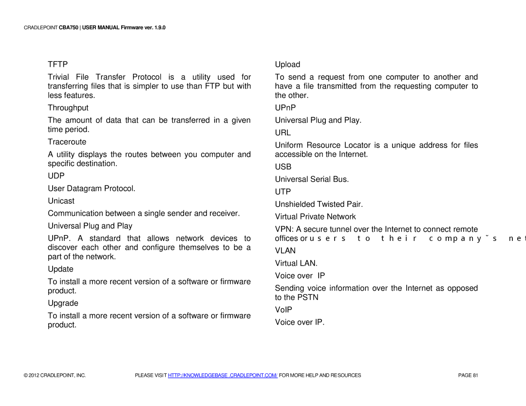 Cradlepoint CBA750 manual Tftp, Udp, Url, Usb, Utp, Vlan 