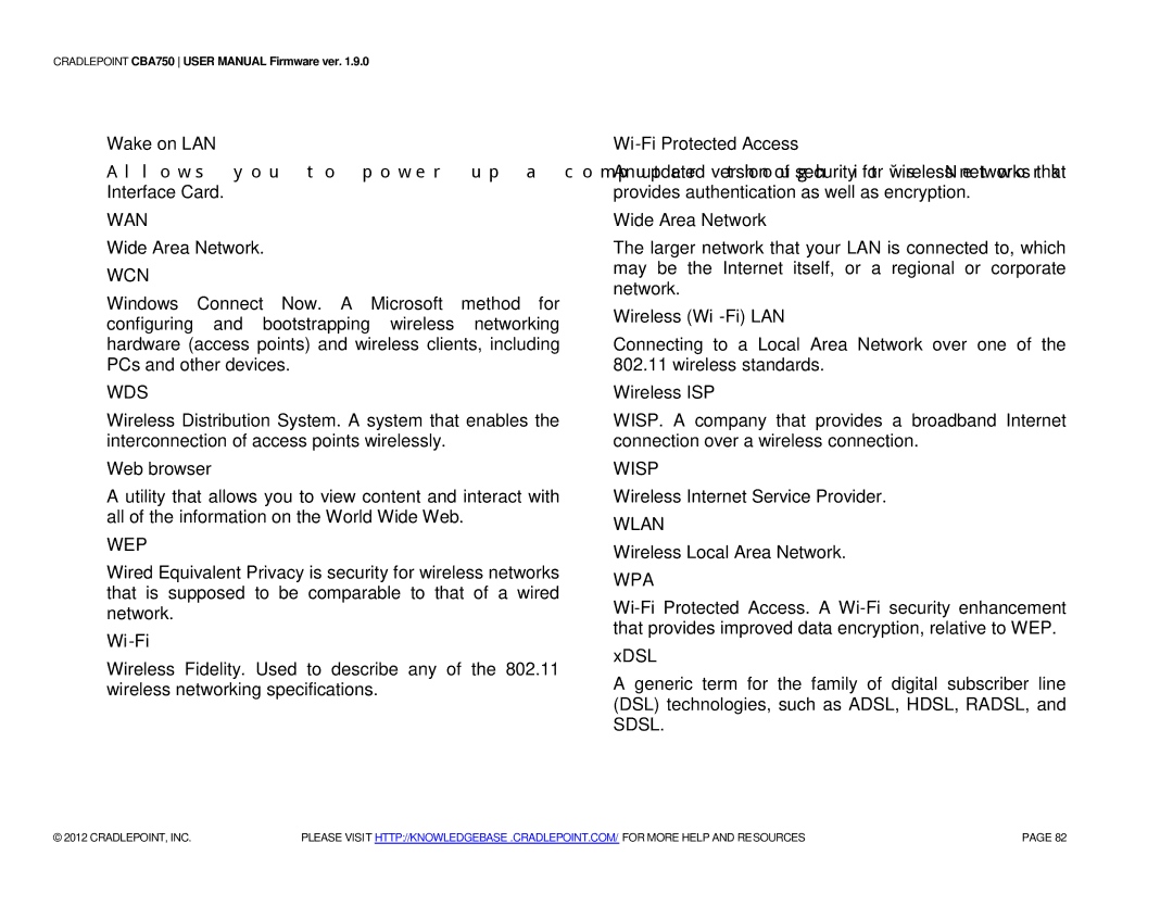 Cradlepoint CBA750 manual Wan, Wcn, Wds, Wep, Wisp, Wlan, Wpa 