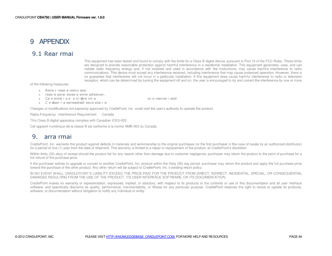 Cradlepoint CBA750 manual Regulatory Information, Warranty Information 