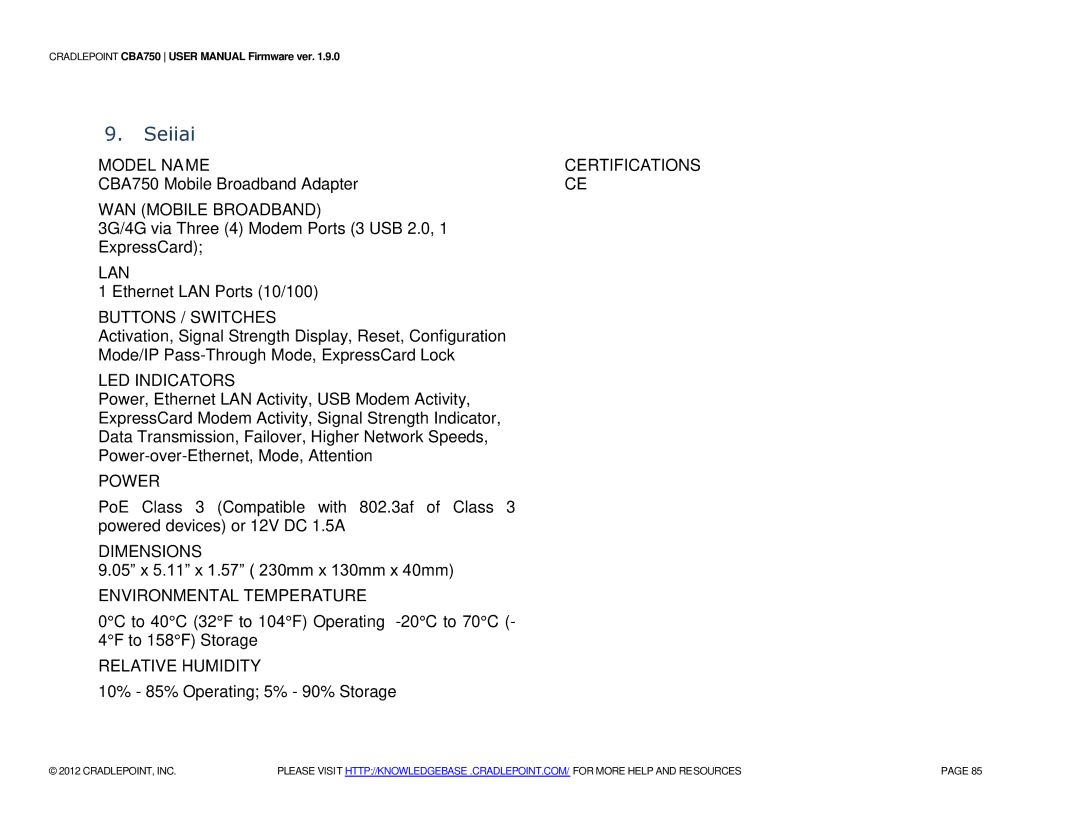 Cradlepoint CBA750 manual Specifications 