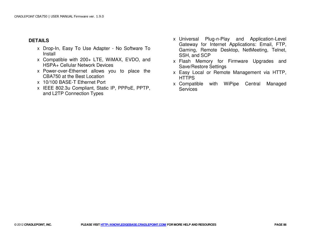 Cradlepoint CBA750 manual Details, Https 