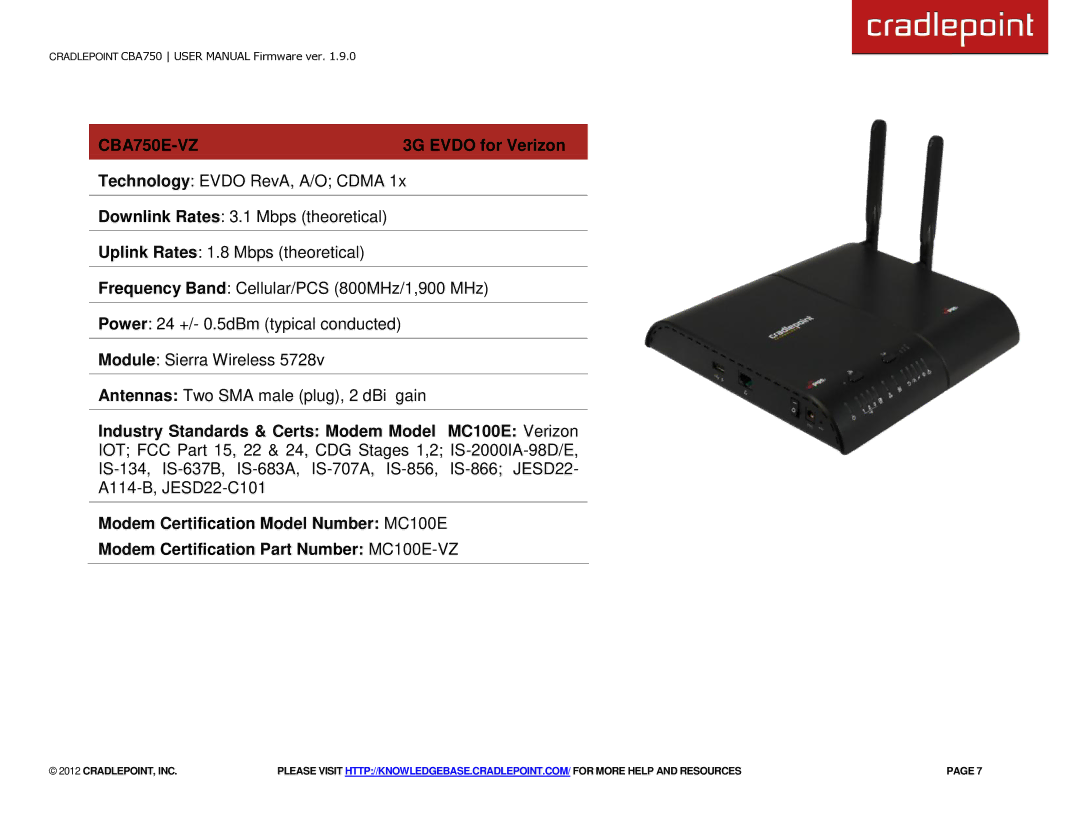 Cradlepoint manual CBA750E-VZ, 3G Evdo for Verizon 