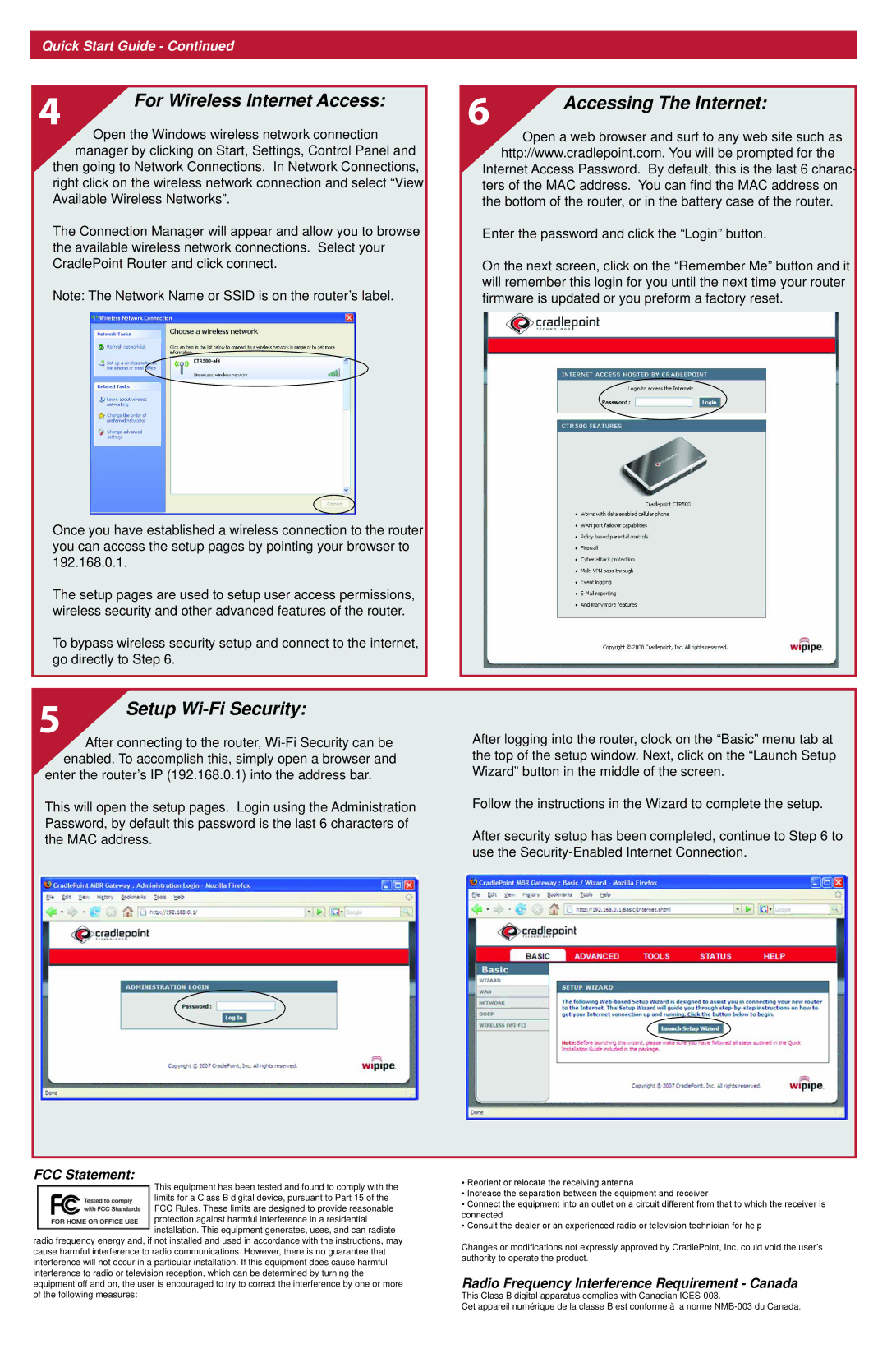 Cradlepoint CTR500 quick start For Wireless Internet Access, Setup Wi-Fi Security, Accessing The Internet, FCC Statement 