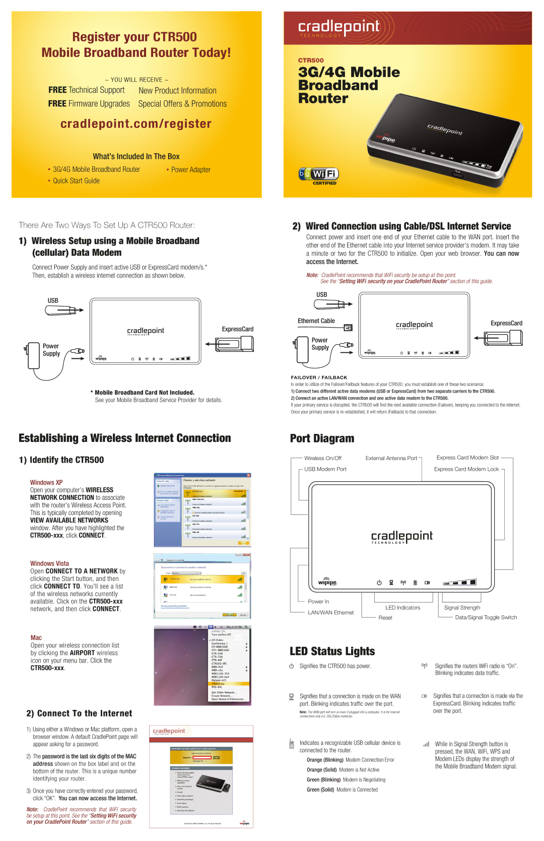 Cradlepoint CTR500 quick start Establishing a Wireless Internet Connection, Port Diagram, LED Status Lights 