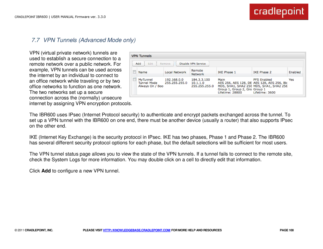 Cradlepoint IBR600 manual VPN Tunnels Advanced Mode only 