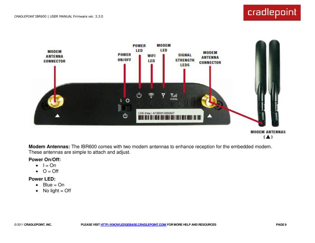 Cradlepoint IBR600 manual Power On/Off, Power LED 