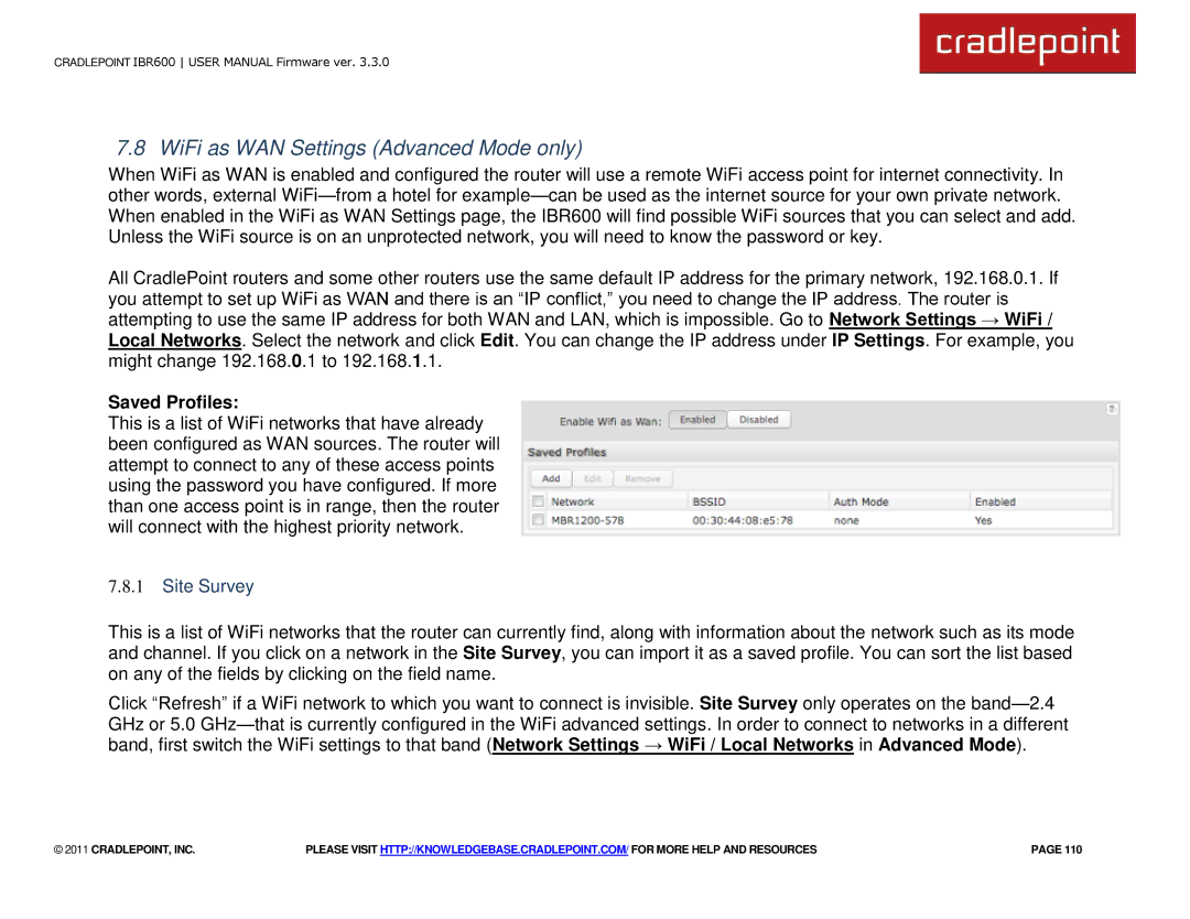 Cradlepoint IBR600 manual WiFi as WAN Settings Advanced Mode only, Saved Profiles, Site Survey 