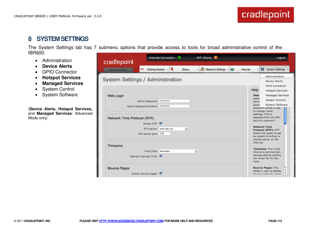 Cradlepoint IBR600 manual ∙ Device Alerts, ∙ Hotspot Services ∙ Managed Services 