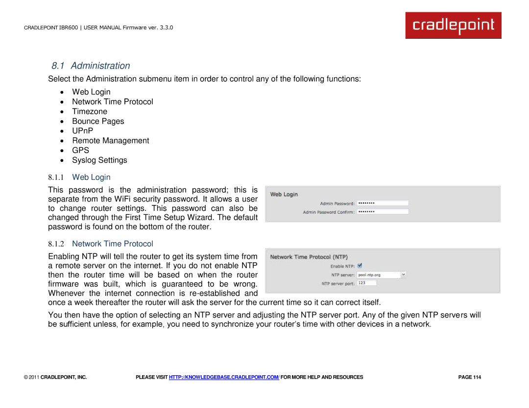 Cradlepoint IBR600 manual Administration, Web Login, Network Time Protocol 