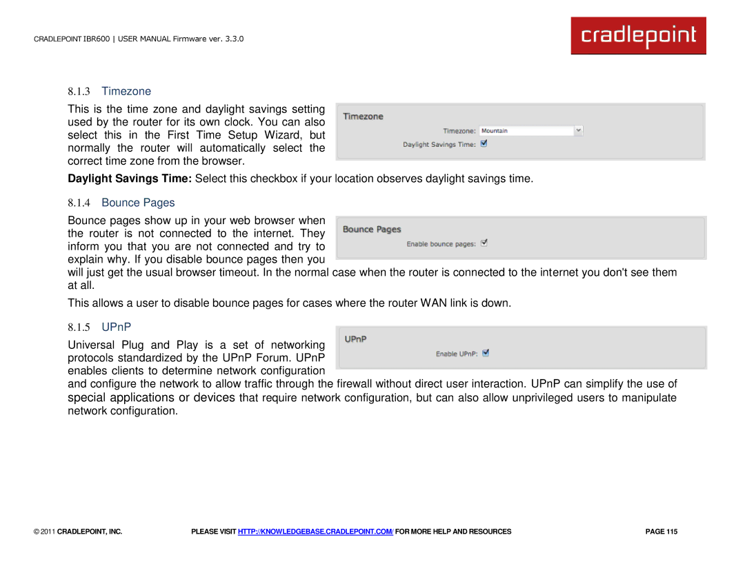 Cradlepoint IBR600 manual Timezone, Bounce Pages, UPnP 