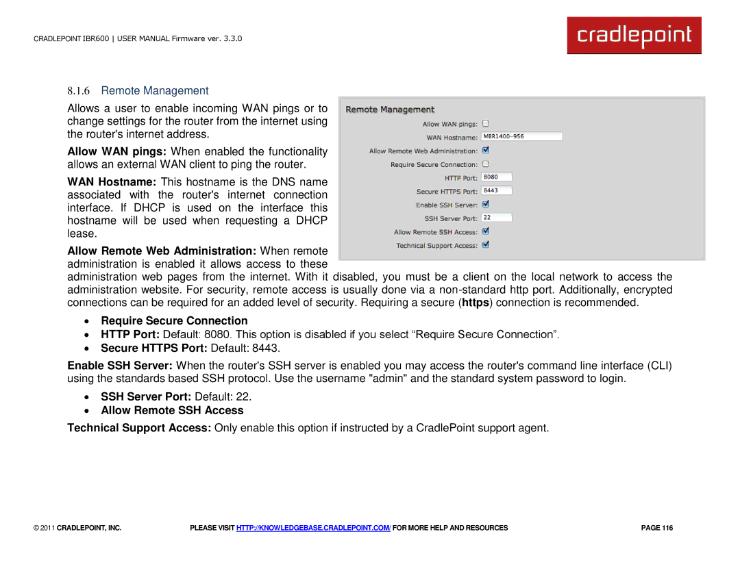 Cradlepoint IBR600 manual Remote Management, ∙ Require Secure Connection, ∙ Secure Https Port Default 