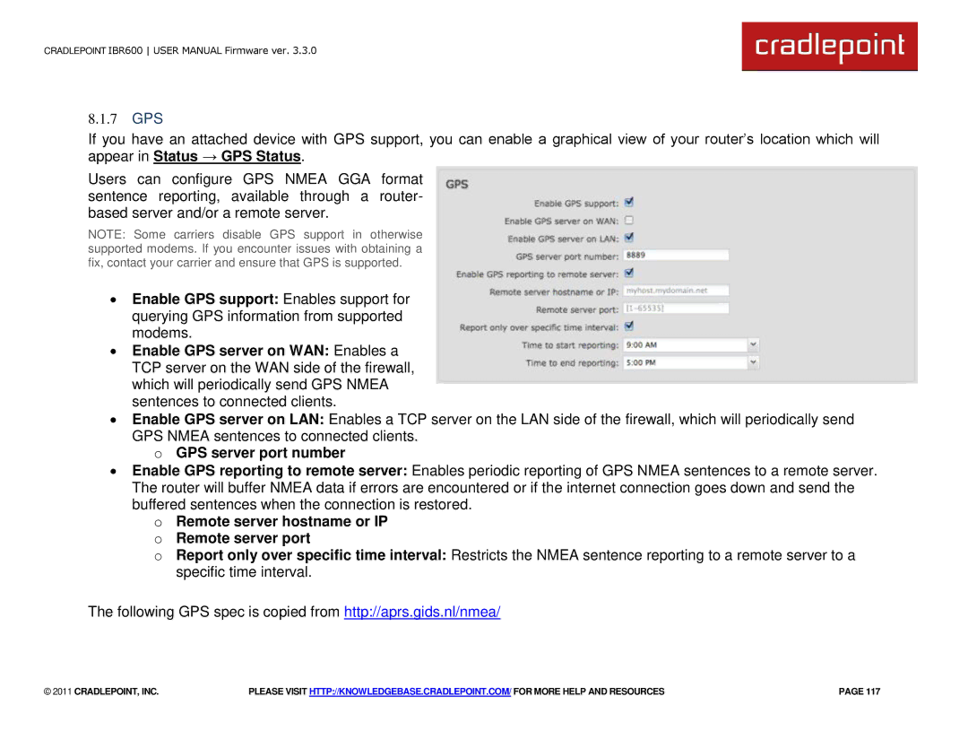 Cradlepoint IBR600 manual 7 GPS, GPS server port number, Remote server hostname or IP o Remote server port 