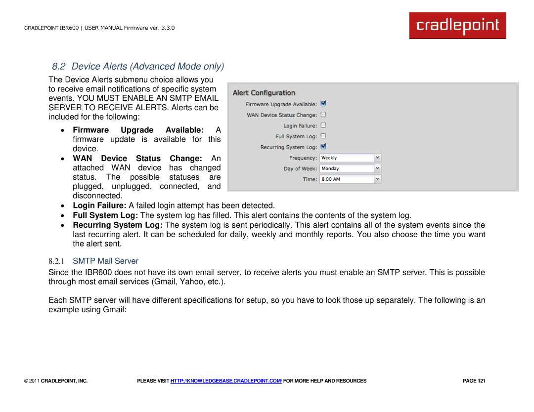 Cradlepoint IBR600 manual Device Alerts Advanced Mode only, Smtp Mail Server 