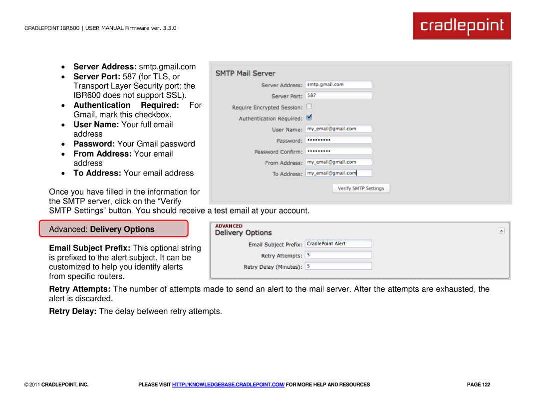 Cradlepoint IBR600 manual ∙ Server Address smtp.gmail.com, ∙ Authentication Required For Gmail, mark this checkbox 