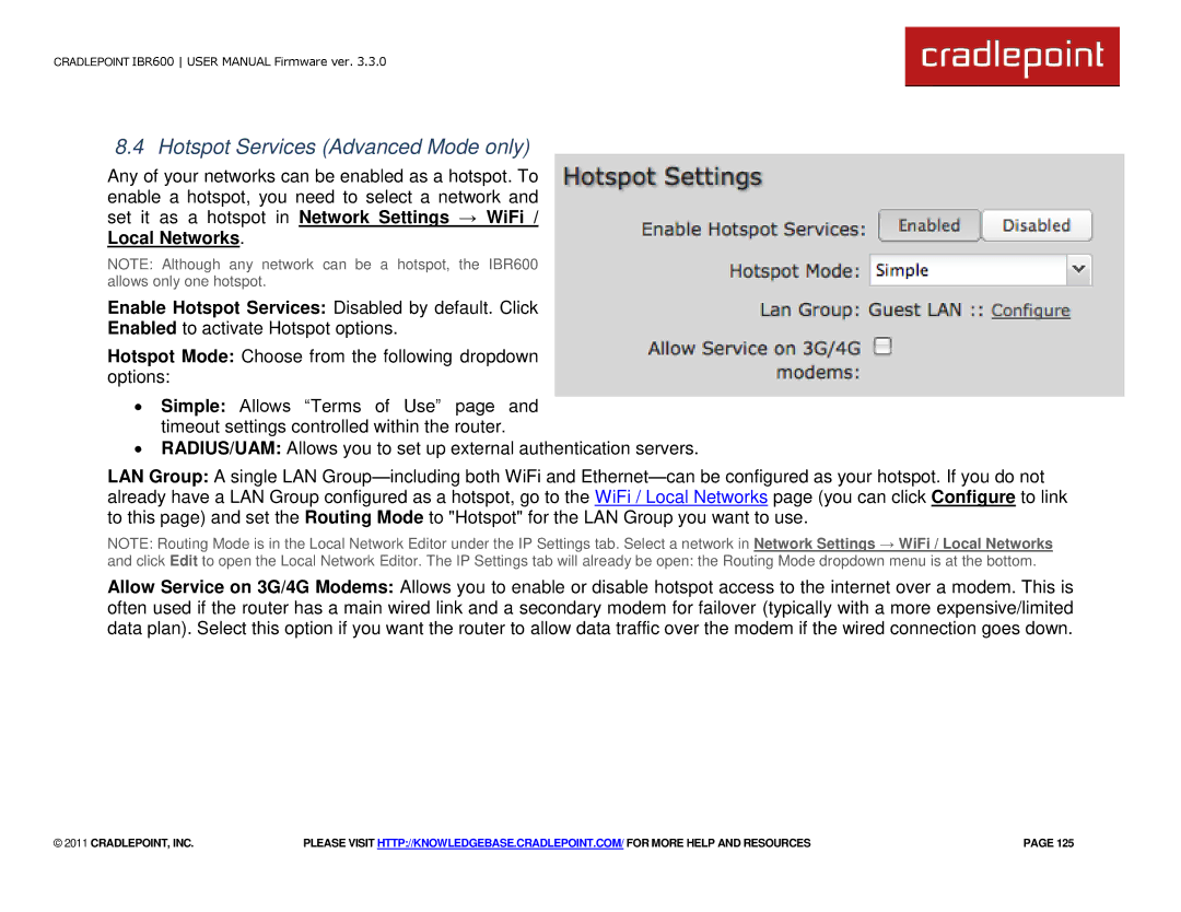 Cradlepoint IBR600 manual Hotspot Services Advanced Mode only 