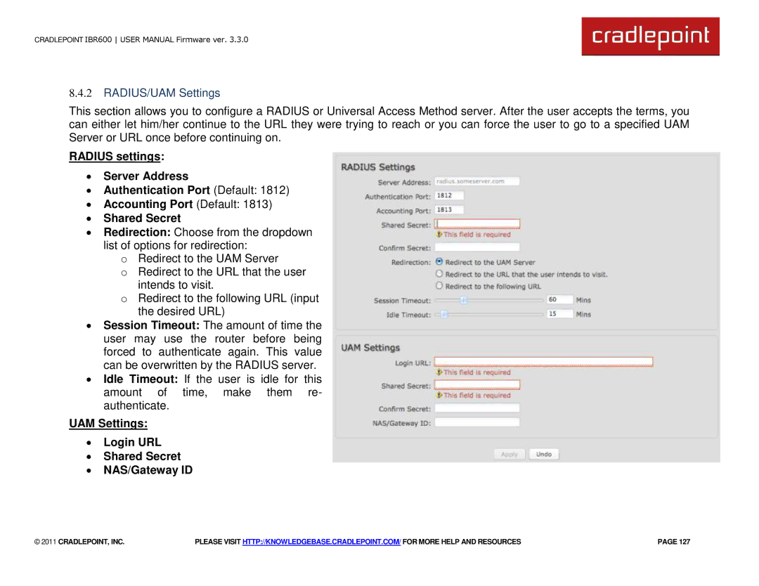 Cradlepoint IBR600 manual RADIUS/UAM Settings, UAM Settings ∙ Login URL ∙ Shared Secret ∙ NAS/Gateway ID 