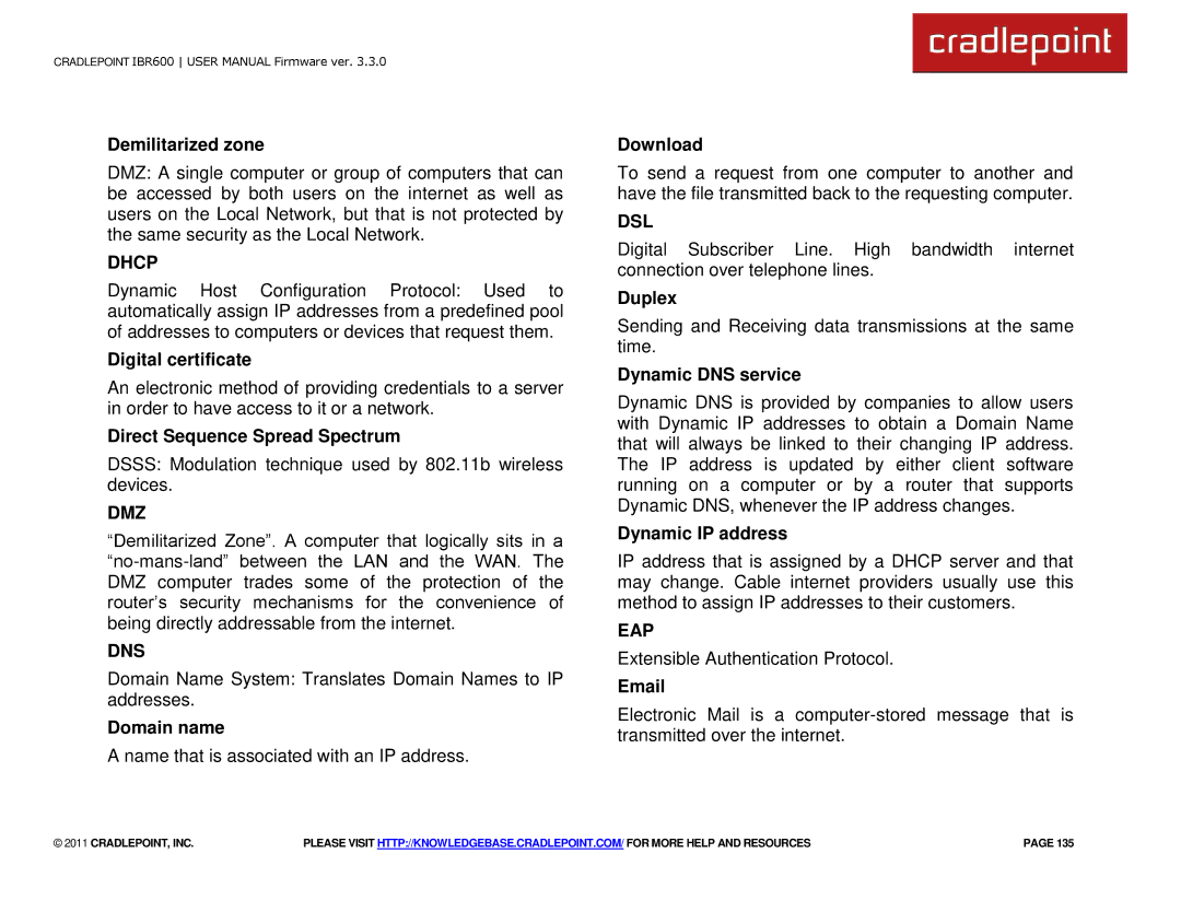 Cradlepoint IBR600 manual Dhcp, Dmz, Dns, Dsl, Eap 