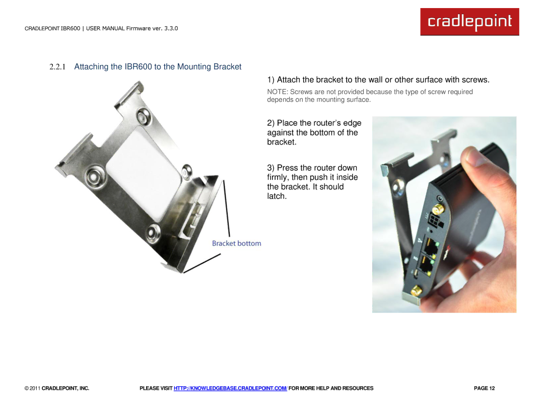 Cradlepoint manual Attaching the IBR600 to the Mounting Bracket 