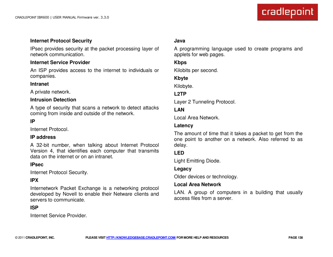 Cradlepoint IBR600 manual Ipx, Isp, L2TP, Lan, Led 