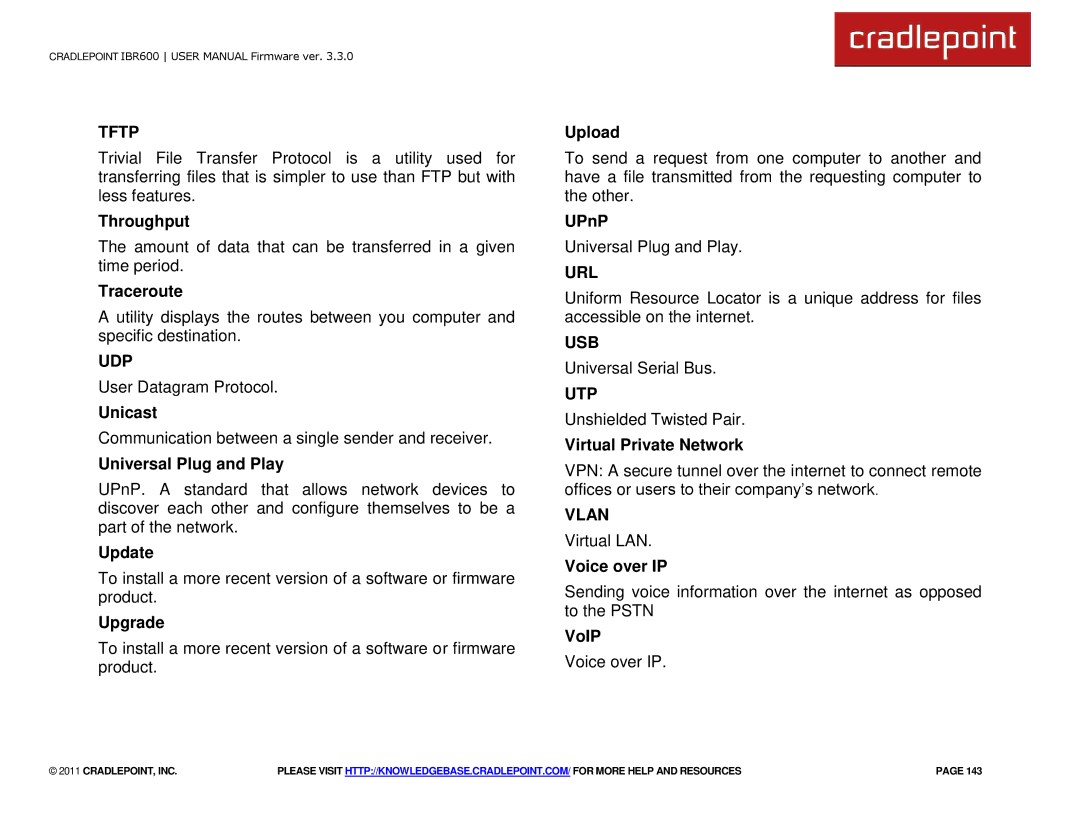 Cradlepoint IBR600 manual Tftp, Udp, Url, Usb, Utp, Vlan 