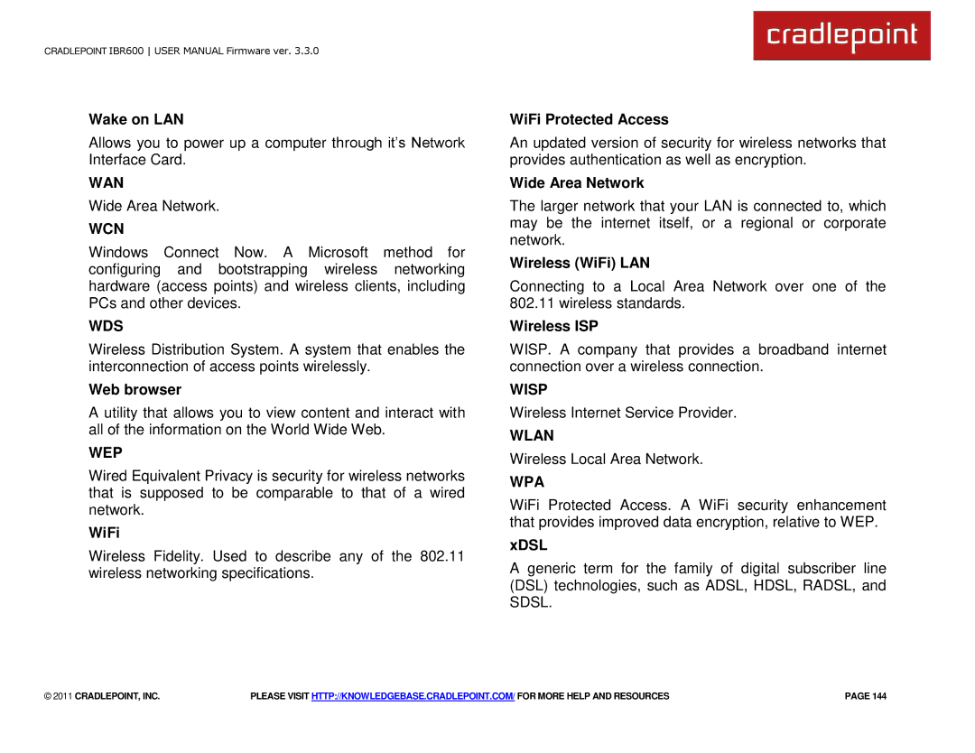 Cradlepoint IBR600 manual Wan, Wcn, Wds, Wep, Wisp, Wlan, Wpa 