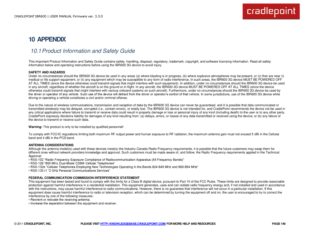 Cradlepoint IBR600 manual Appendix, Product Information and Safety Guide 