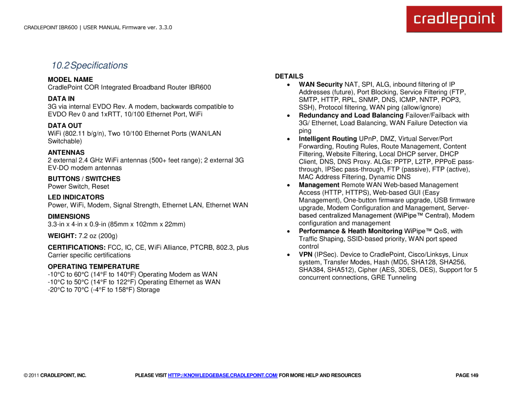 Cradlepoint IBR600 manual Specifications, Data 