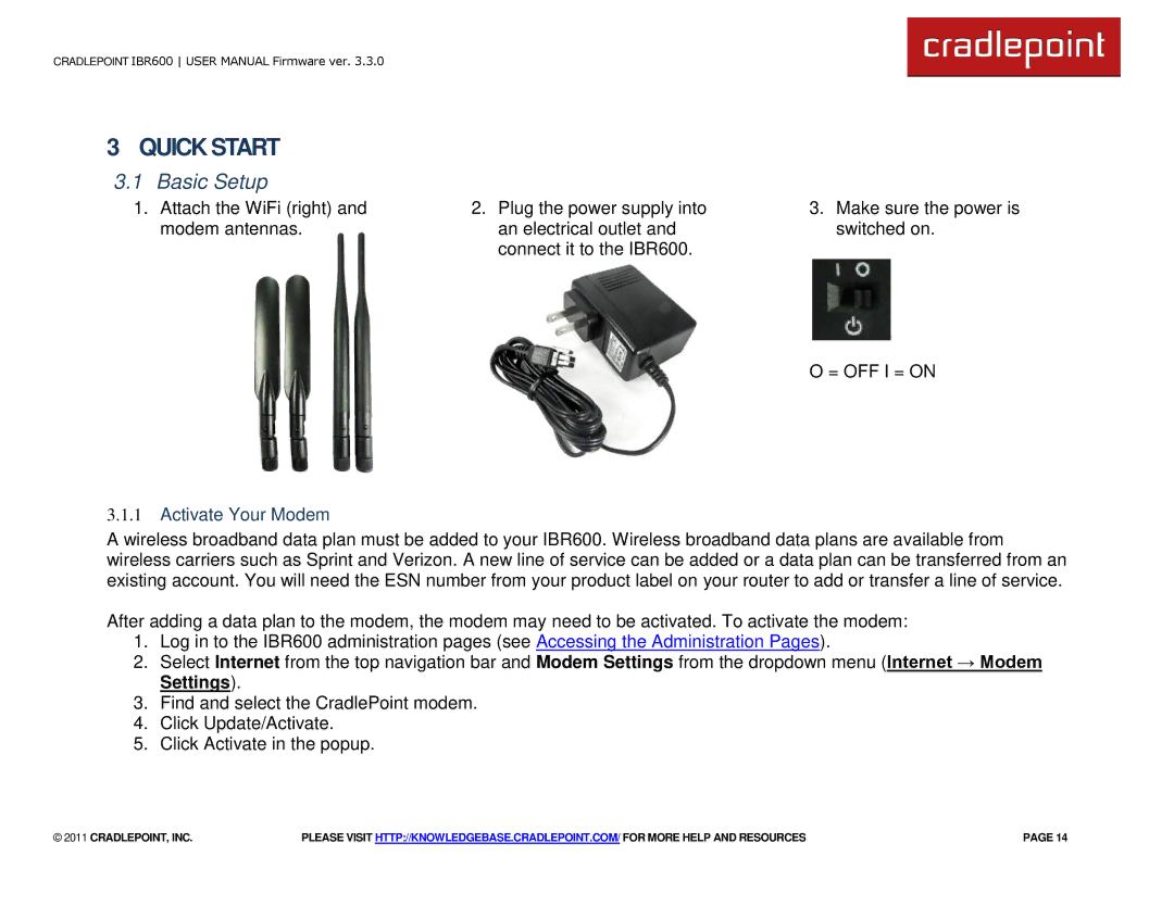 Cradlepoint IBR600 manual Basic Setup, Activate Your Modem, Settings 