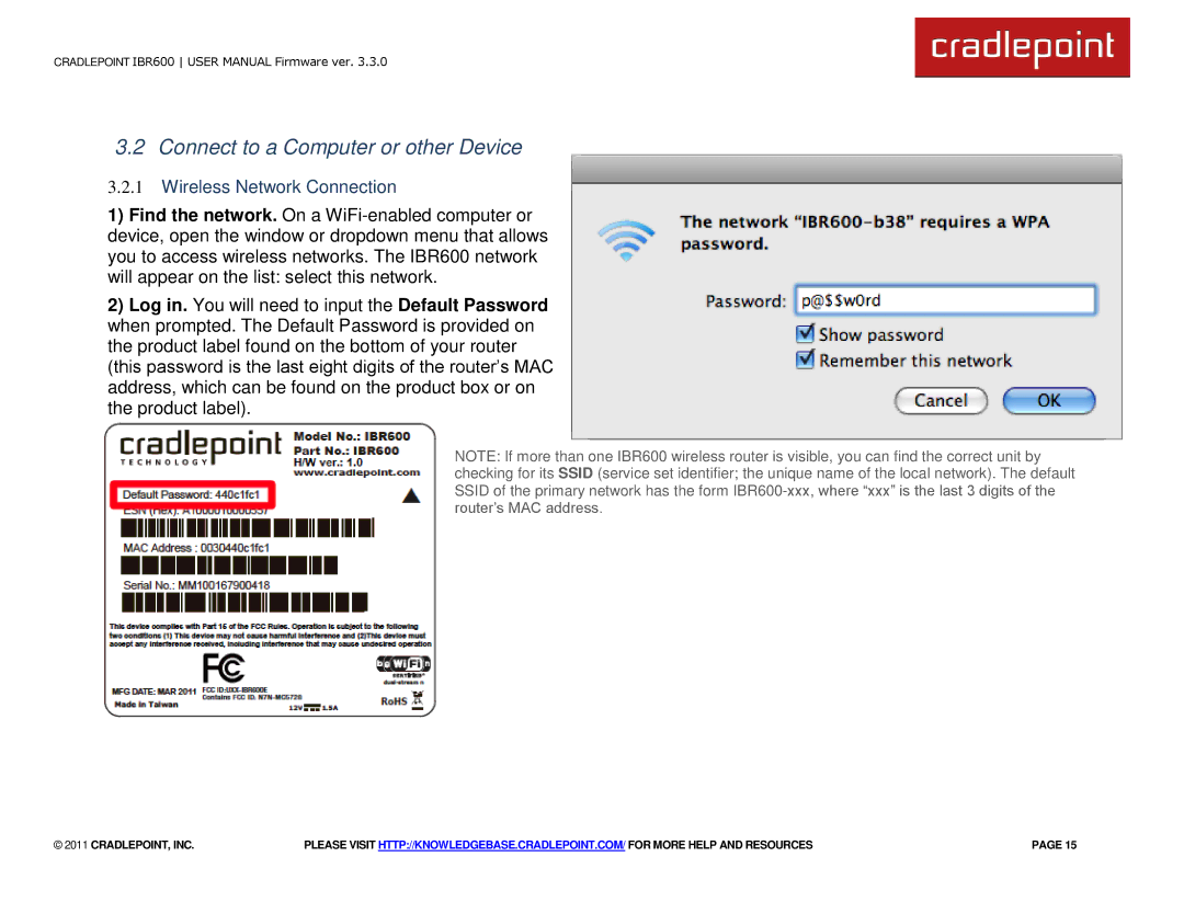 Cradlepoint IBR600 manual Connect to a Computer or other Device, Wireless Network Connection 