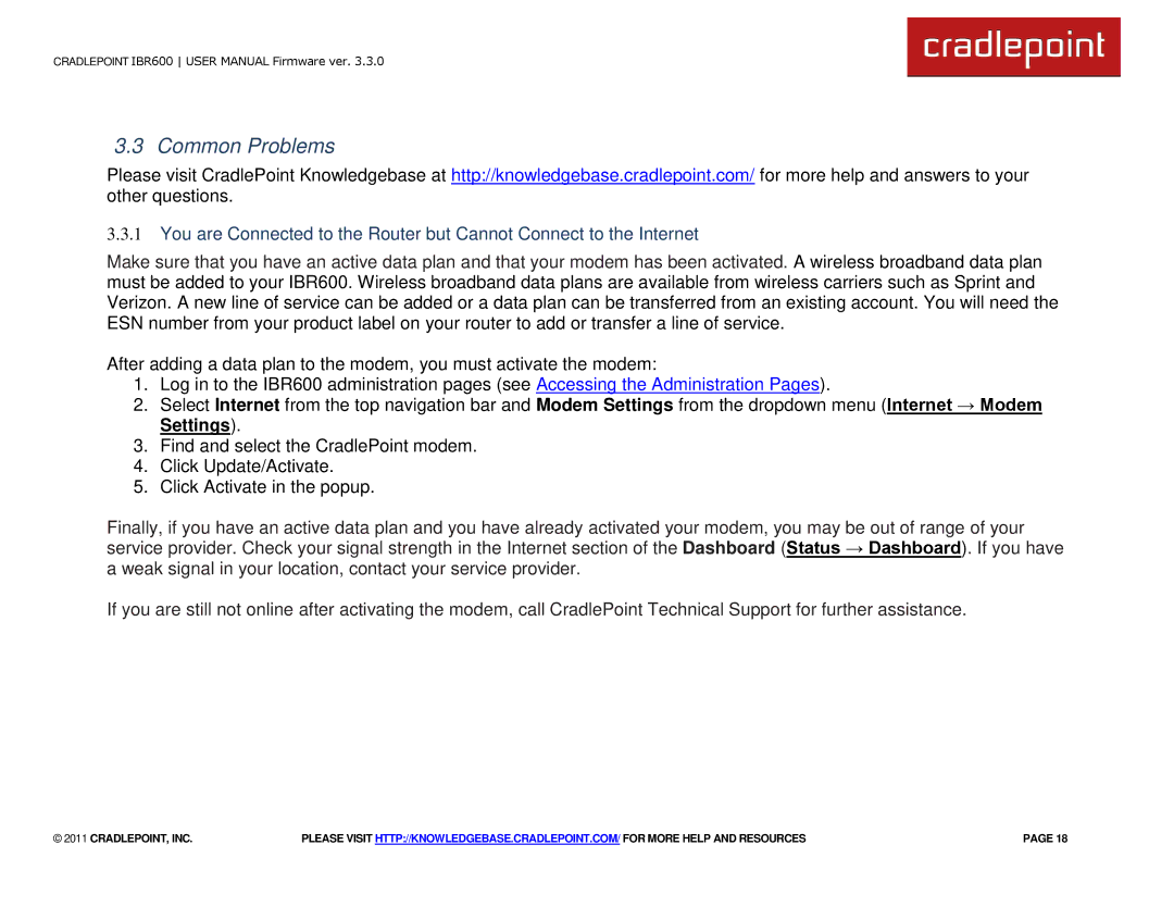 Cradlepoint IBR600 manual Common Problems, Settings 