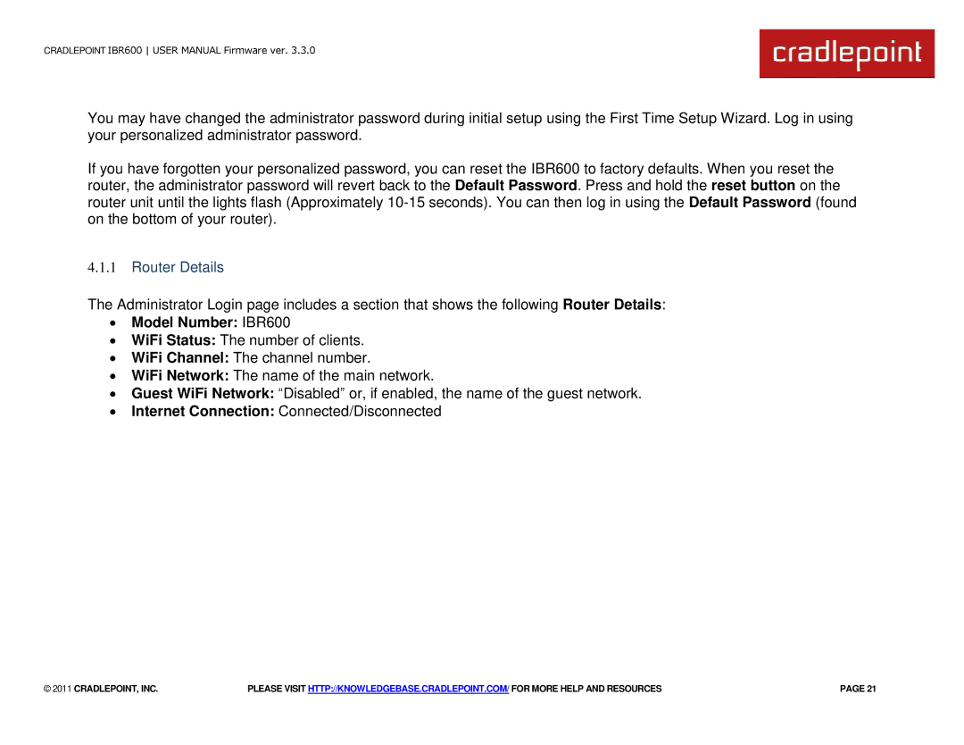 Cradlepoint manual Router Details, ∙ Model Number IBR600 