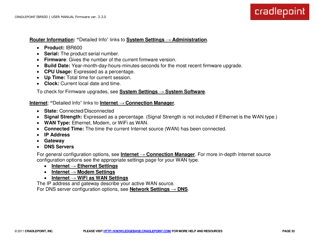 Cradlepoint IBR600 manual ∙ IP Address ∙ Gateway ∙ DNS Servers 