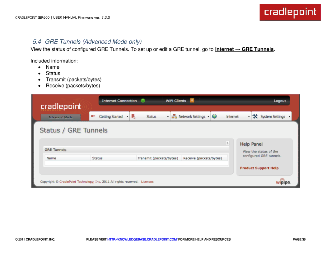 Cradlepoint IBR600 manual GRE Tunnels Advanced Mode only 
