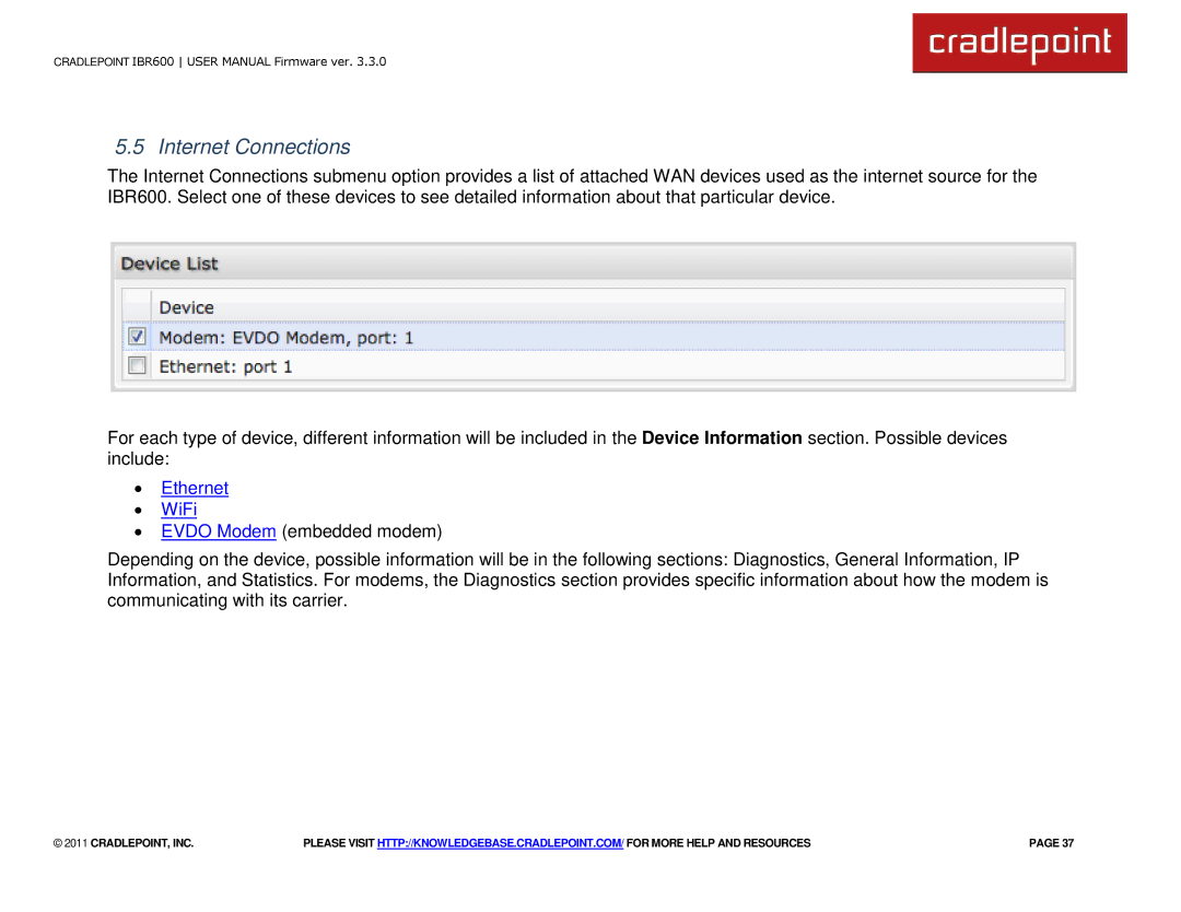 Cradlepoint IBR600 manual Internet Connections, ∙ Ethernet ∙ WiFi 