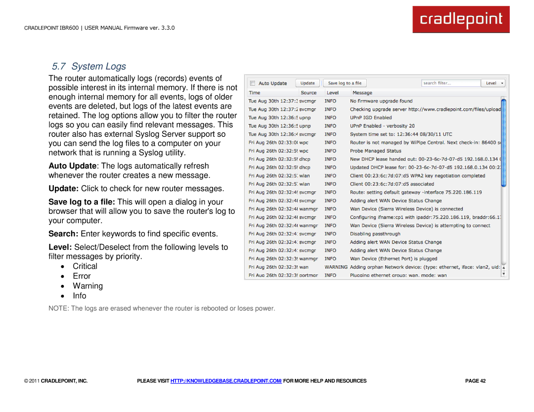 Cradlepoint IBR600 manual System Logs 