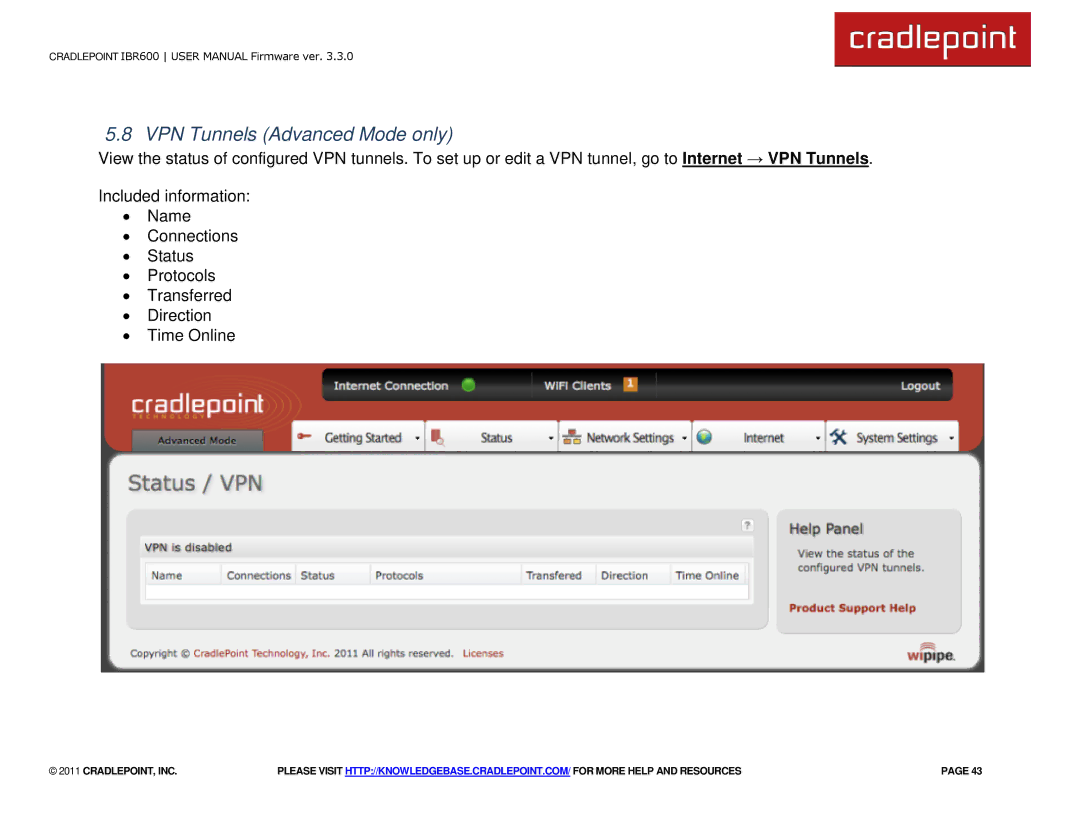 Cradlepoint IBR600 manual VPN Tunnels Advanced Mode only 