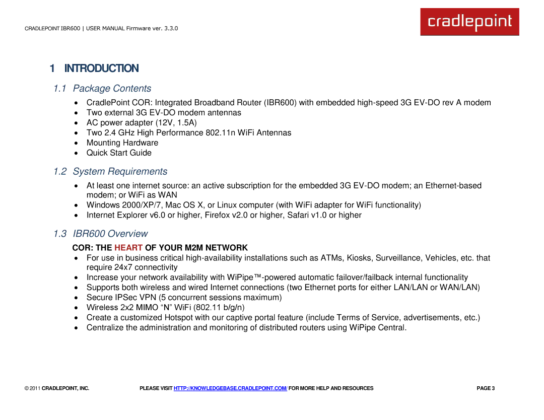 Cradlepoint manual Package Contents, System Requirements, IBR600 Overview 