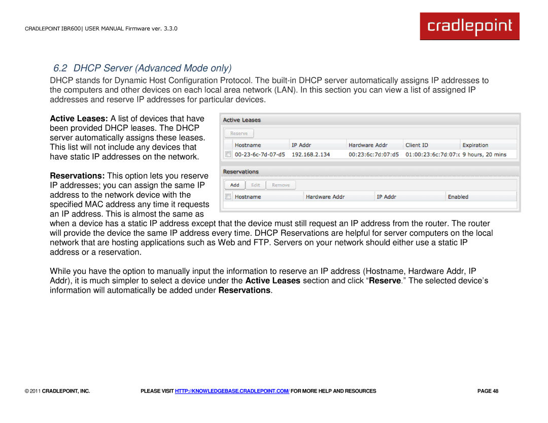 Cradlepoint IBR600 manual Dhcp Server Advanced Mode only 