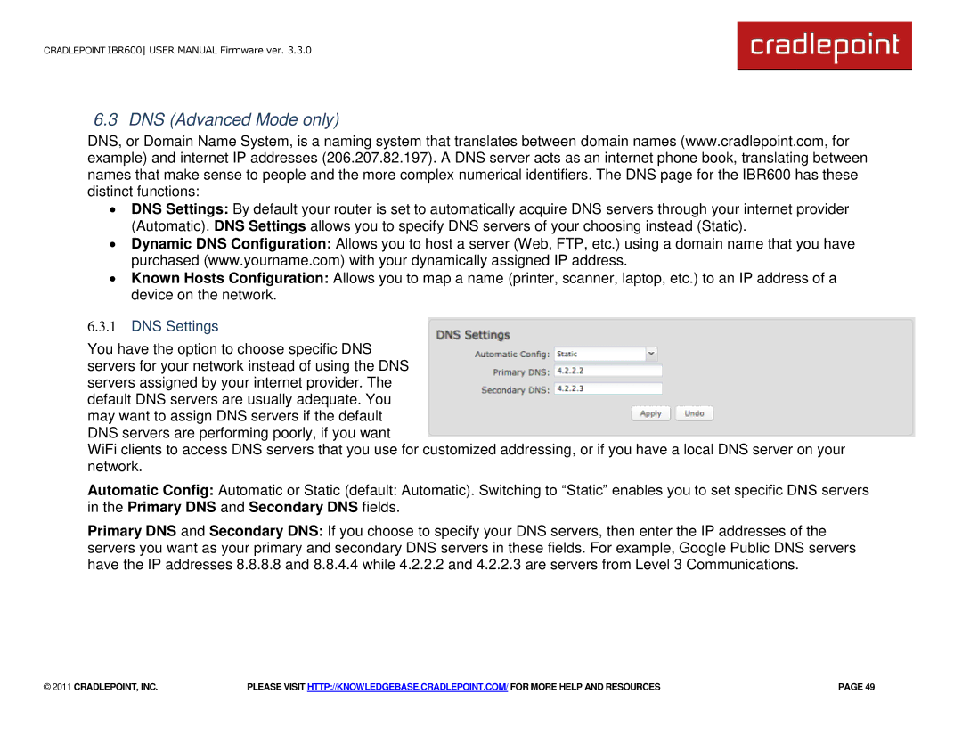 Cradlepoint IBR600 manual DNS Advanced Mode only, DNS Settings 