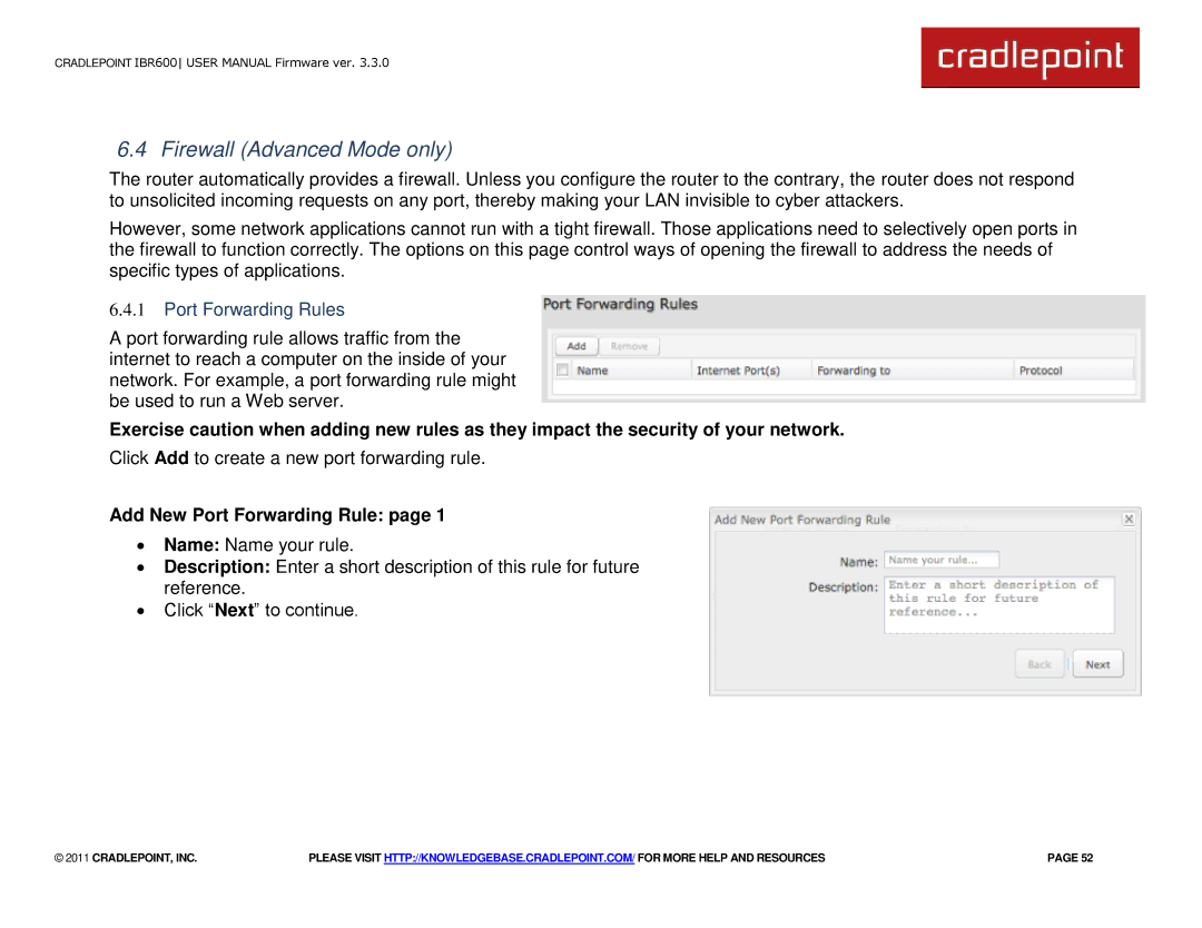 Cradlepoint IBR600 manual Firewall Advanced Mode only, Port Forwarding Rules, Add New Port Forwarding Rule 