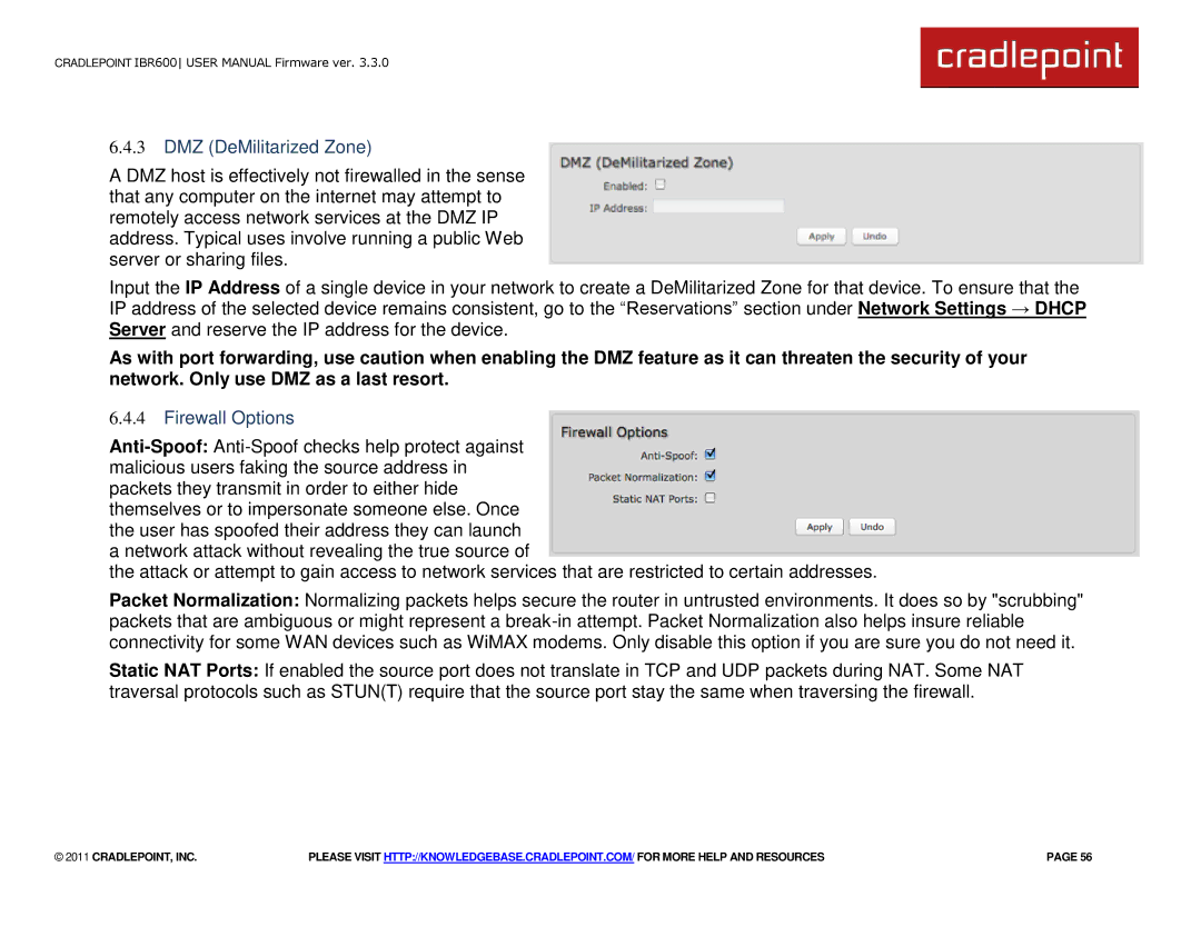 Cradlepoint IBR600 manual DMZ DeMilitarized Zone, Firewall Options 