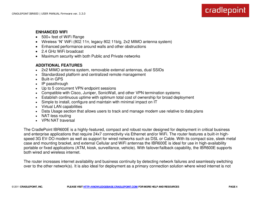 Cradlepoint IBR600 manual Enhanced Wifi, Additional Features 