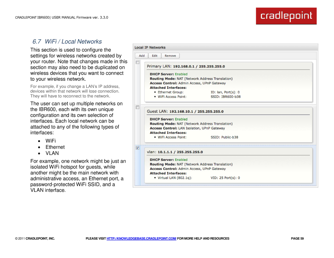 Cradlepoint IBR600 manual WiFi / Local Networks, ∙ Vlan 